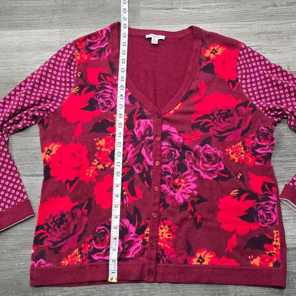 Isaac Mizrahi Live! Red Purple Floral Print V Neck Long Button Cardigan Sweater - Picture 8 of 9